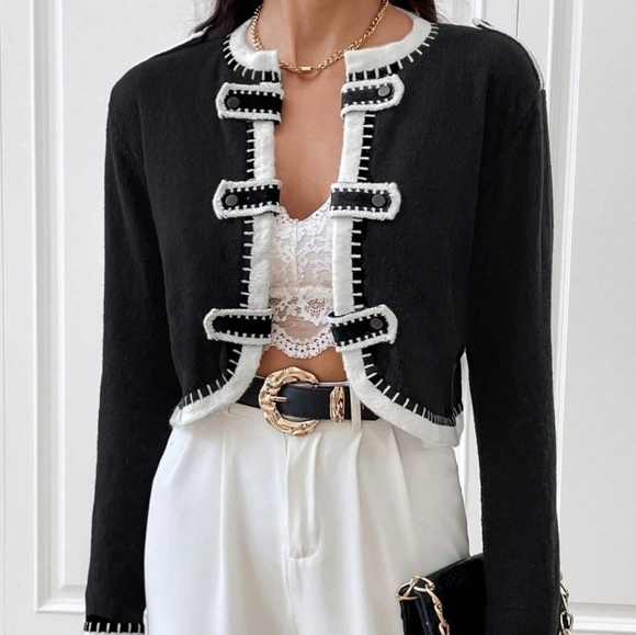 Black Casual Womens Contrast Trim Open Front Cardigan